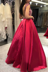 Gorgeous Scoop Neck Cap Sleeves Red Satin Prom Dresses with Beaded, Formal Gown Dresses